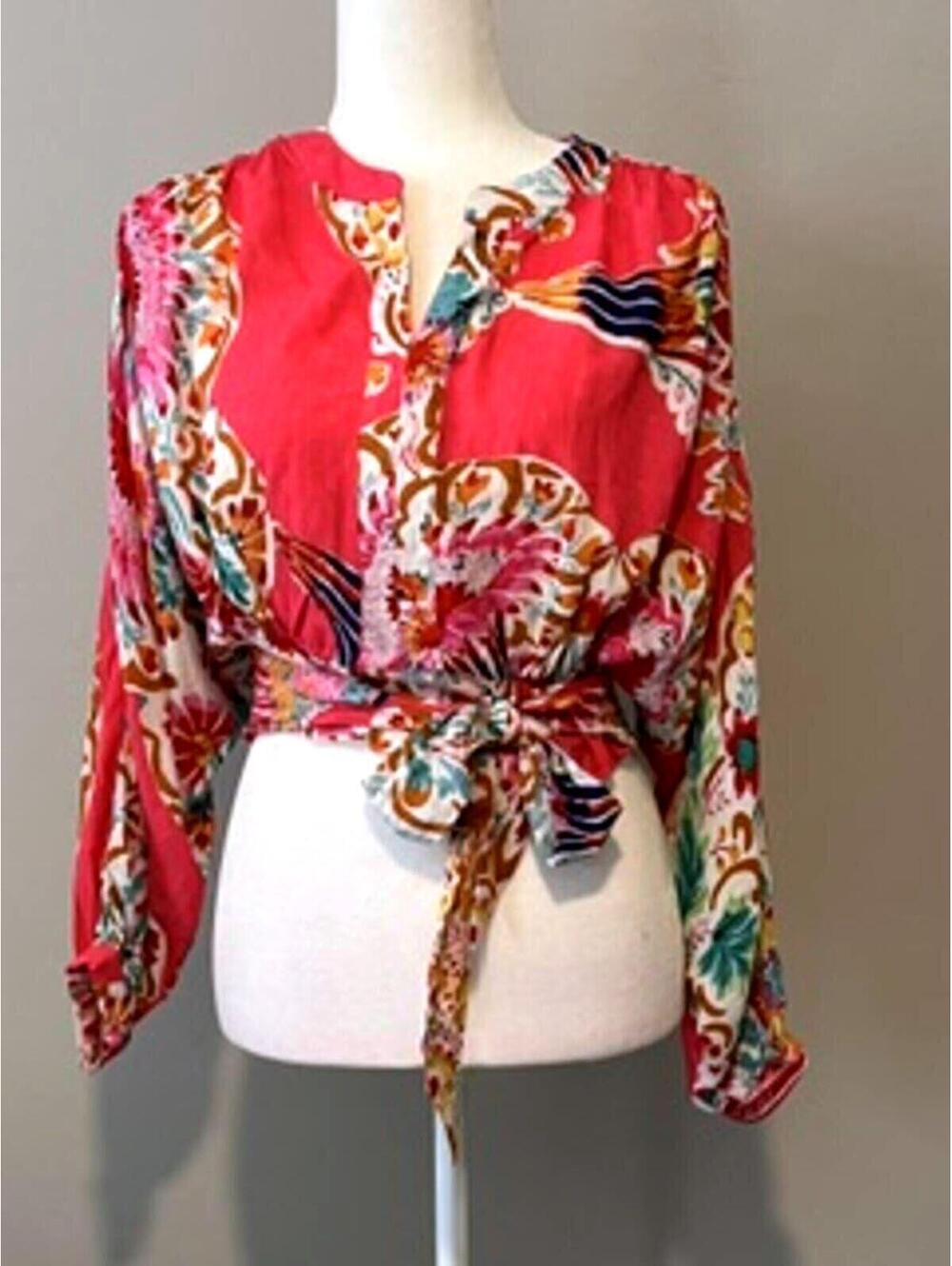 Rachel Zoe XS Pink Crop Top Boho Floral Blouse Tie Back Blousy Sleeve